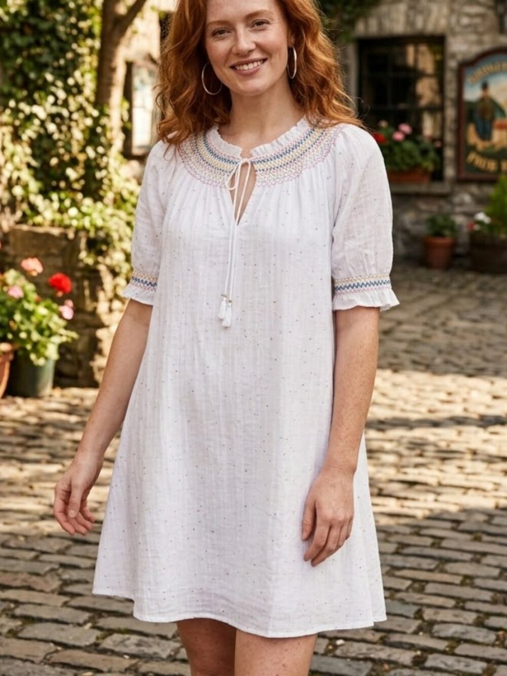 Madewell Rainbow Smocked Trapeze Dress Embroidered Puff Sleeves Size S